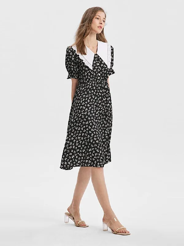 Bowknot Printed Ruffle Dress Tunics Summer linen
