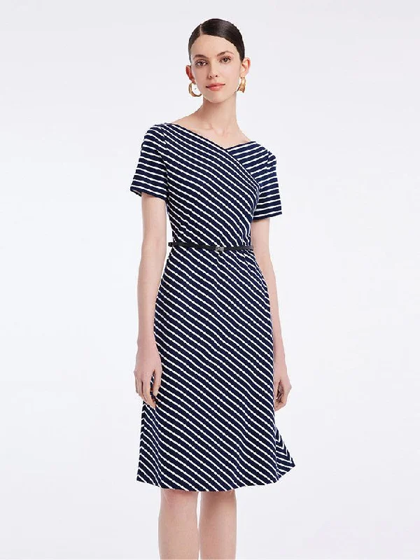 Knitted Stripe Dress With Leather Belt A-Line Day Work