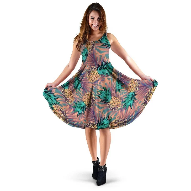 Pineapple Hawaiian Print Dress Turtleneck Neckline Stylish