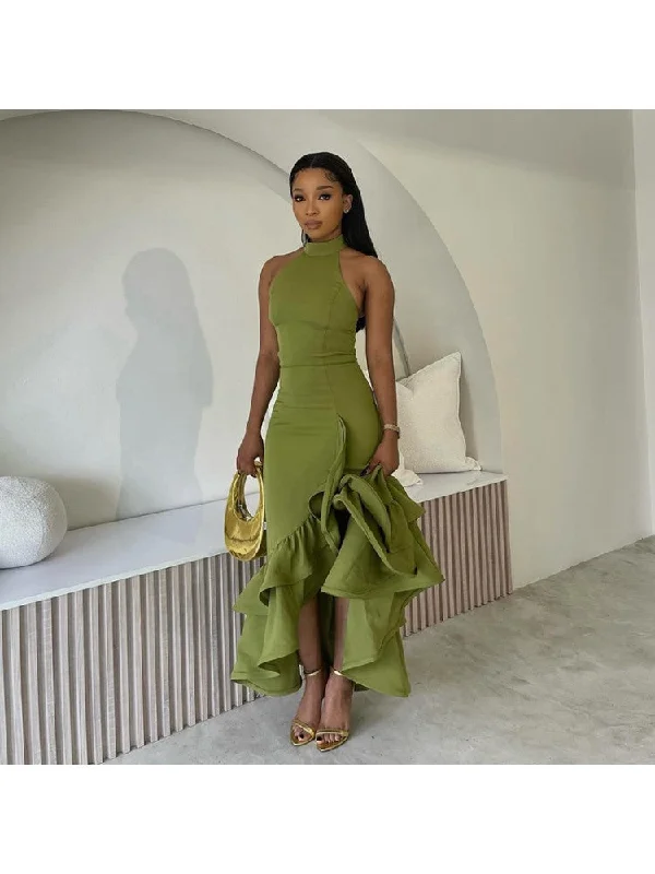 Elegant Asymmetrical Ruffles Halter Neck Sleeveless Long Dress Tunics Cozy comfortable