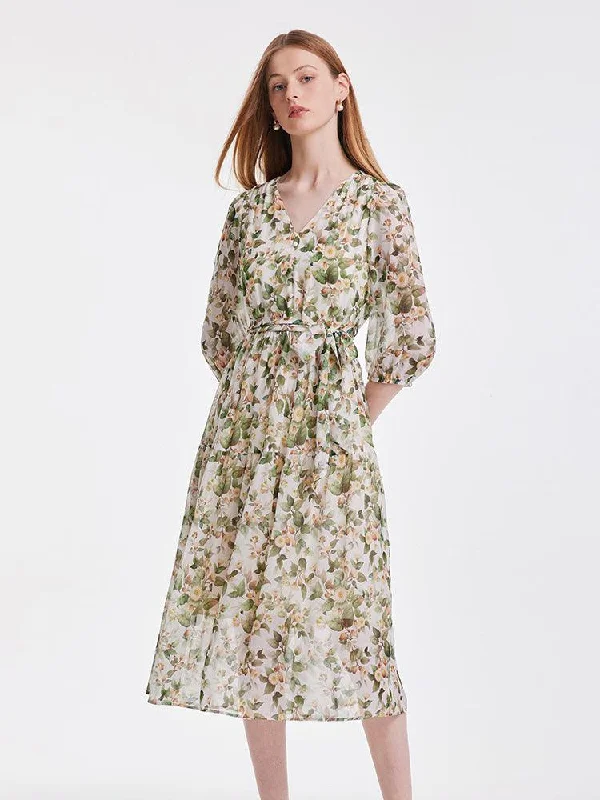 19 Momme Silk V-Neck Floral Dress Tunics Practical durable