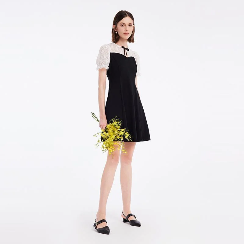 Patchwork Waist-Skimming Dress With Bowknot Tunics Sophisticated sleek