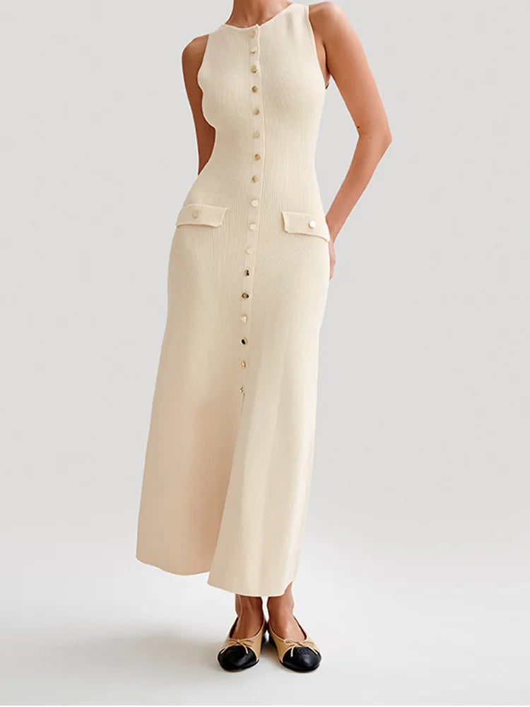 Knitted Sleeveless Button Up Long Dresses Tunics Chic elegant