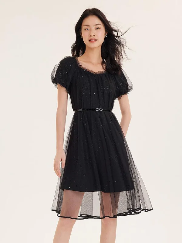 Mesh Sequins A-Line Dress Tunics Canvas sturdy