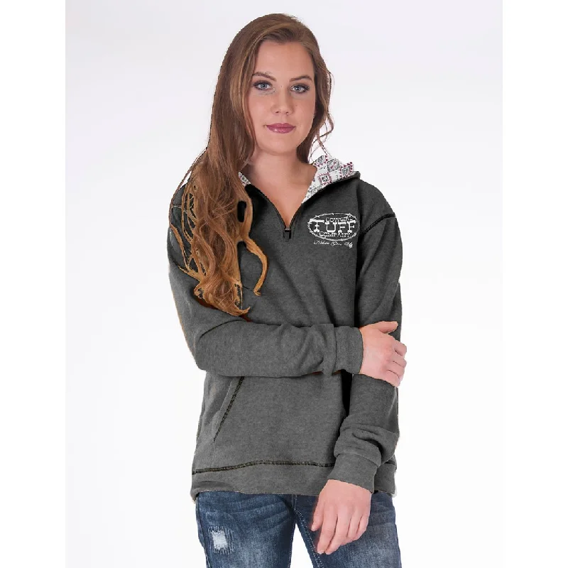 Cowgirl Tuff Aztec Print Lined Fleece Charcoal Womens Hoodie Hoodie with Raw Hem Edgy Unfinished