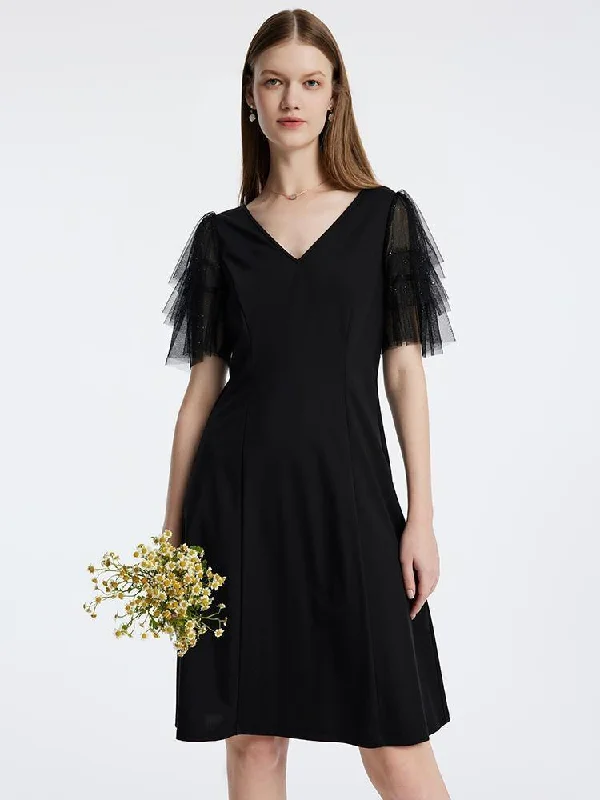Mesh Sleeve Sequin Patchwork Knit Dress Tunics Summer linen