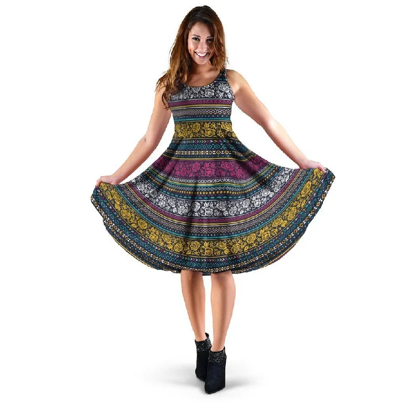Multicolor Rose Floral Abstract Tribal Aztec Dress sweetheart Neckline Romantic