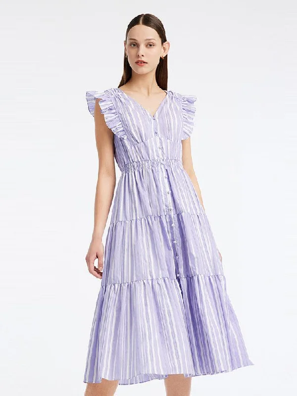Stripe Pleated Fly Sleeve Dress empire Waist empire