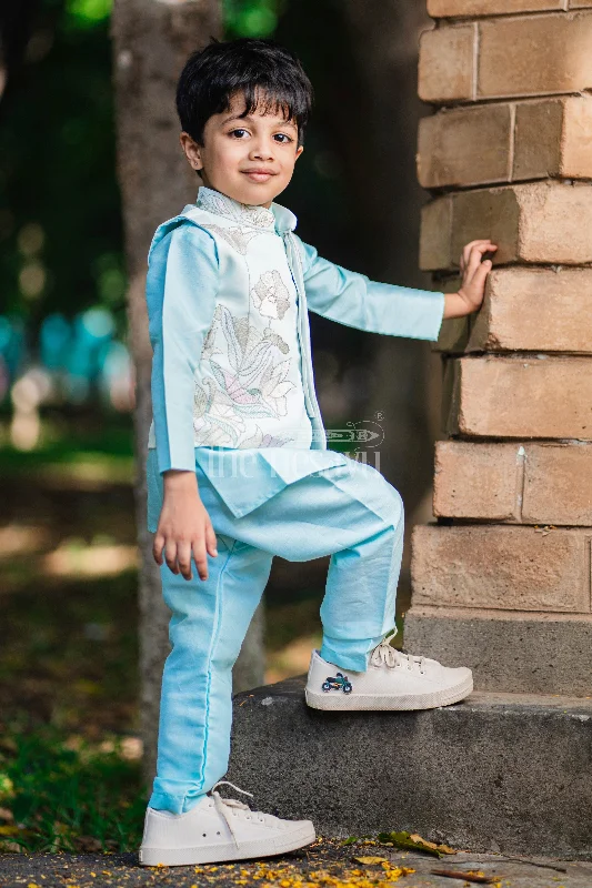 Boys Embroidered Designer Waistcoat and Kurtha Pant Set - Sky Blue Elegance Fashionable Jogger Pants