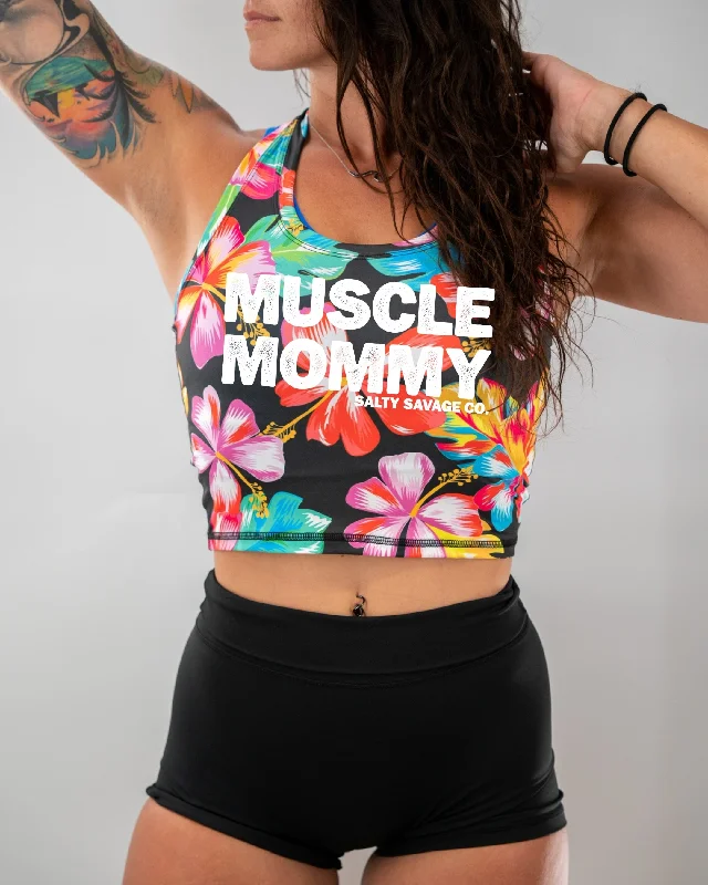 Salty Savage Ladies “MUSCLE MOMMY” Racerback Performance Crop Tank halter tank top