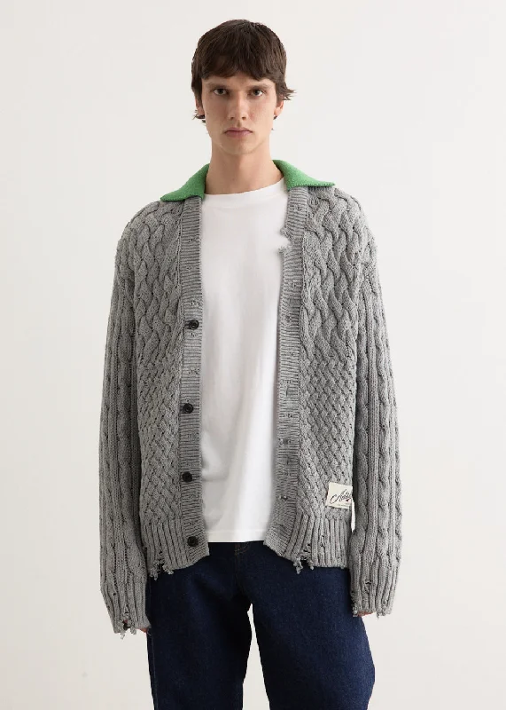 Green Collar V-Neck Cardigan Front Pockets Side Pockets Patch Pockets