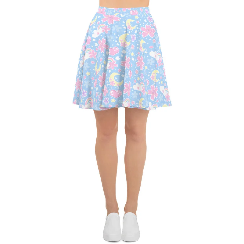 Cherry Blossom Dreams Blue Skater Skirt silk skirt lustrous