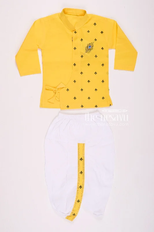 Festive Yellow Krishna Jayanthi Baby Kurtha with Dothi Pant Set Casual Drawstring Pants