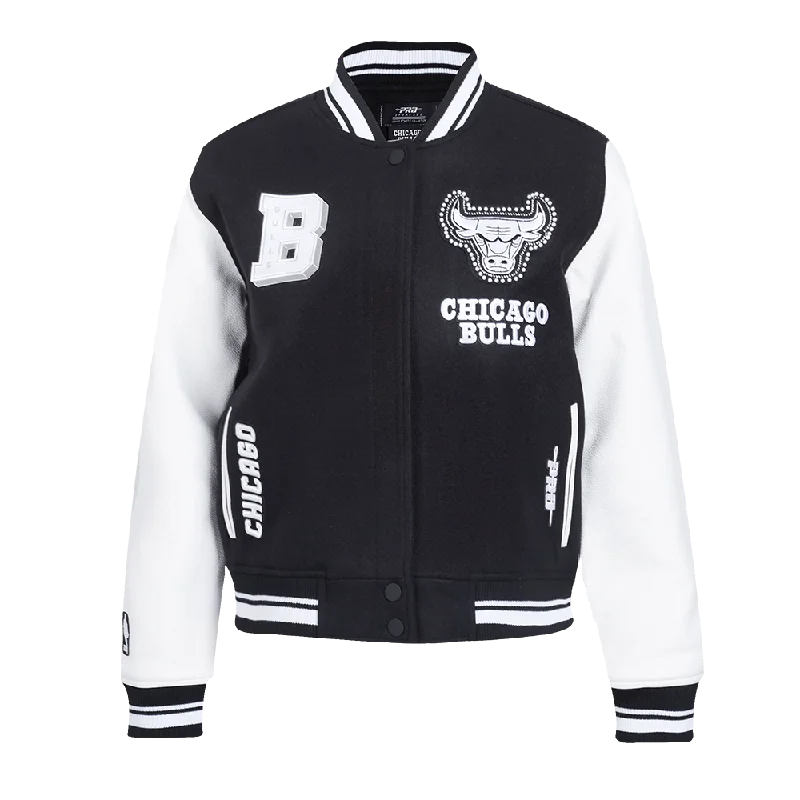 NBA CHICAGO BULLS PEARLS WOMEN'S RIB WOOL VARSITY JACKET (BLACK/WHITE) Striped Jacket Polka Dot Jacket Floral Jacket