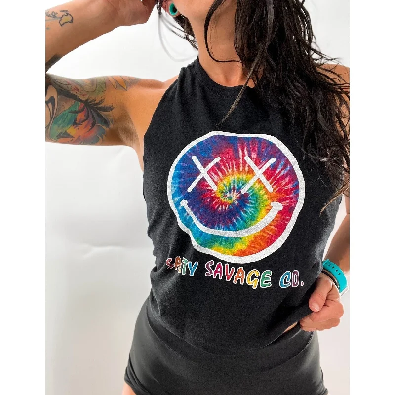 Salty Savage Ladies "Spiral Tie Dye OG Smile" Flowy Racerback Crop Tank sage tank top