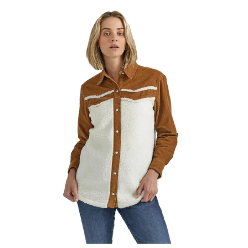 112353000 Wrangler Women's Retro Americana Sherpa Shirt-Jacket - Caramel Hoodie Zip-Up Jacket Button-Up Jacket
