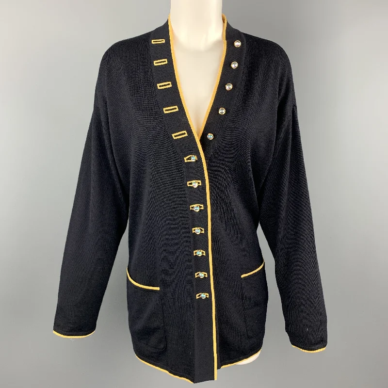 ESCADA Size 8 Navy & Yellow Wool Blend Knit AB Button Cardigan Plaid Cardigan Polka Dot Checkered