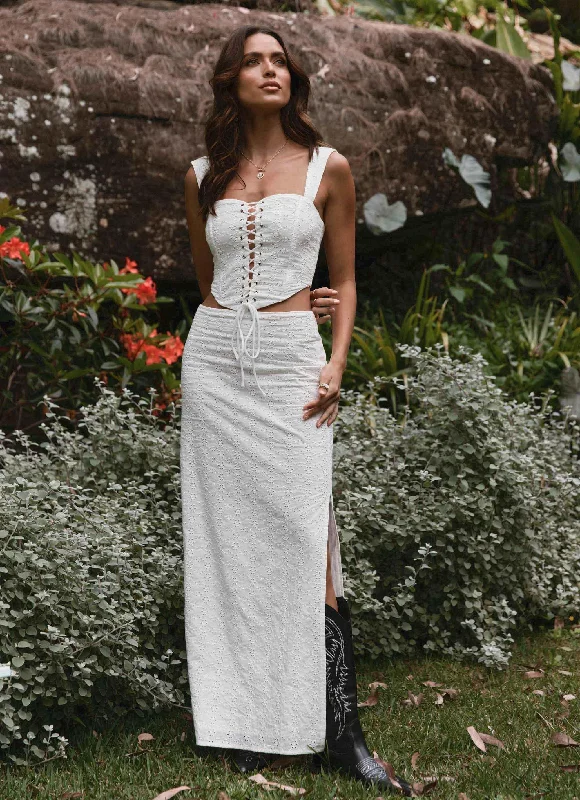 Georgia Peaches Broderie Maxi Skirt - Whisper White ruffled skirt detail