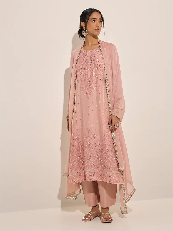 Vark Dusty Pink A-Line Kurta, Pants and Dupatta Set Relaxed High-Waist Trousers