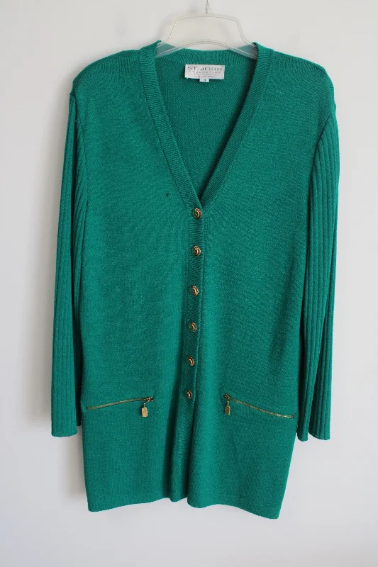 St. John Collection By Marie Gray Green Knit Long Cardigan | 10 Embroidered Appliqued Beaded