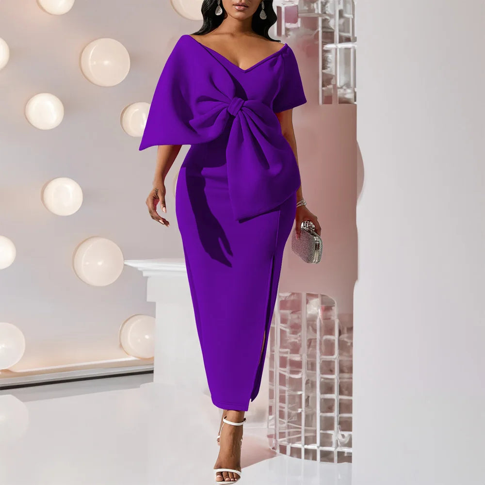 Cinessd Elegant Party Dresses for Woman 2024 New V Neck Short Sleeve Big Bow Decorate Sheath Side Split Ankle Length Luxury Party Dress Tunics Evening elegant Cinessd Elegant Party Dresses for Woman 2024 New V Neck Short Sleeve Big Bow Decorate Sheath Side Split Ankle Length Luxury Party Dress Tunics Evening elegant