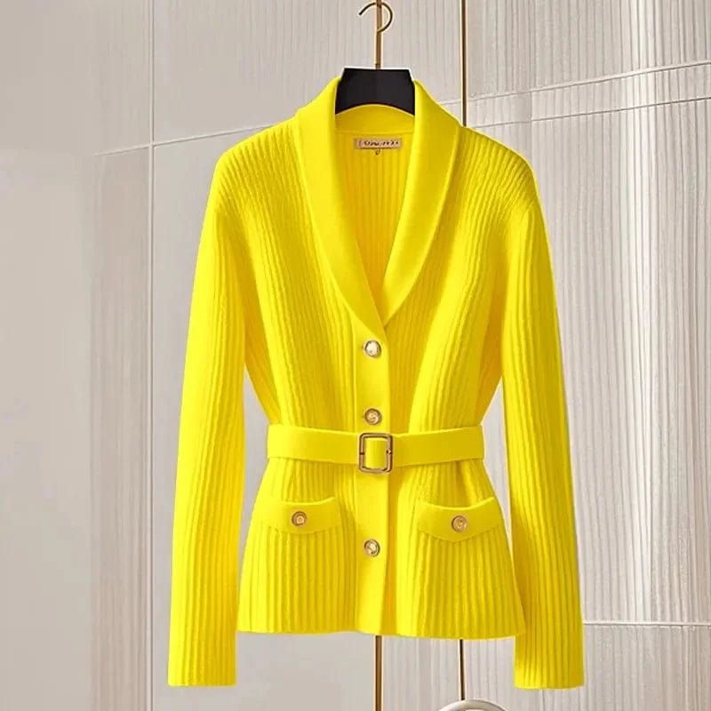 Fashion Chic Yellow Knitted Cardigan Sweater Small Fragrant Women Spring Autumn Top Coat Femal Knitwear Match Belt 2025 NEW Transparent Opaque Sheer
