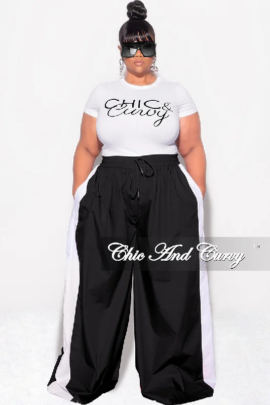 Final Sale Plus Size Oversized Varsity Striped Wide Leg Pants in Black and White Trendy Printed Leggings