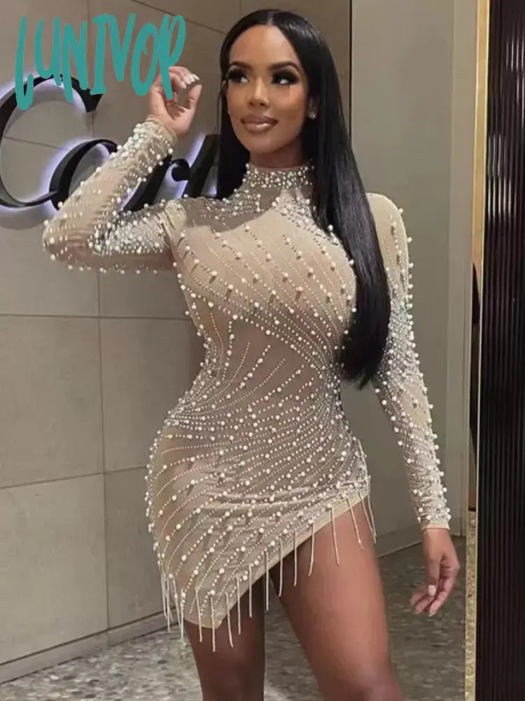 Lunivop Women Luxury Sexy Turtleneck Mesh Diamonds Crystal Tassel Beading Studded Beige Mini Dress Elegant Evening Club Party Dress Tunics Practical easy-care Lunivop Women Luxury Sexy Turtleneck Mesh Diamonds Crystal Tassel Beading Studded Beige Mini Dress Elegant Evening Club Party Dress Tunics Practical easy-care