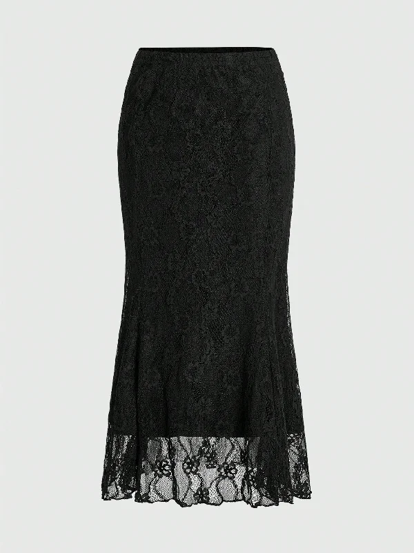 Classic Victorian Witch  Lace Mermaid Hem Midi Skirt leather skirt sleek