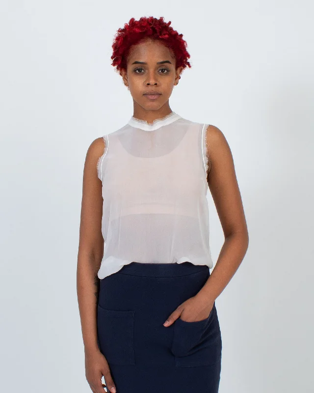 Sheer Sleeveless Tank with Frayed Hem metallic tank top