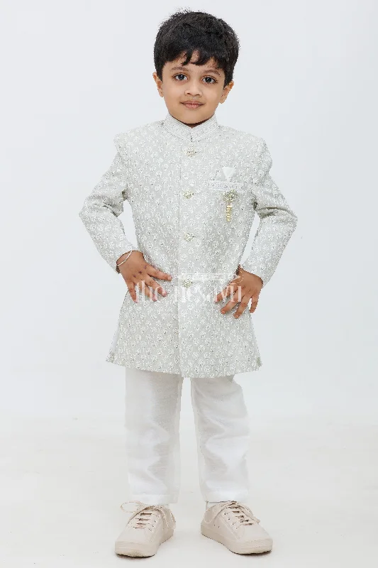 Green Blended Silk Boys Sherwani Set with Cream Pants Cozy Knit Pants