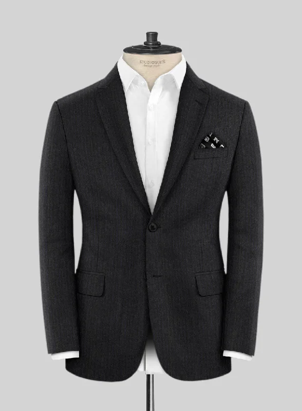 Scabal Sapphire Pinstripe Charcoal Wool Jacket Welt Pockets Slit Pockets Flap Pockets