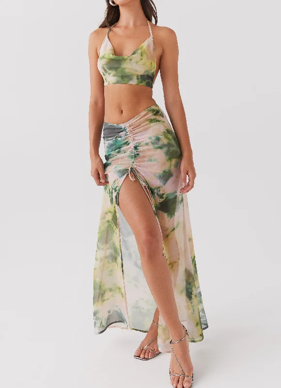 Zenta Ruched Maxi Skirt - Rainforest wool skirt breathable