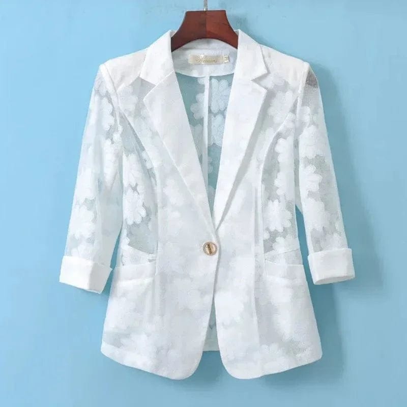 Women Blazer Jacket Spring Summer New Thin Cardigan Sun Protection Clothing Hollow Lace Three-quarter Sleeve Suit Top Ladies Lace Blend Ribbed Blend Corduroy Blend
