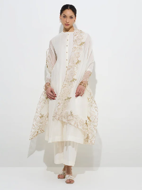 Vark White Cotton-Blend Kurta, Pants and Organza Dupatta Set Comfortable Wide-Leg Pants