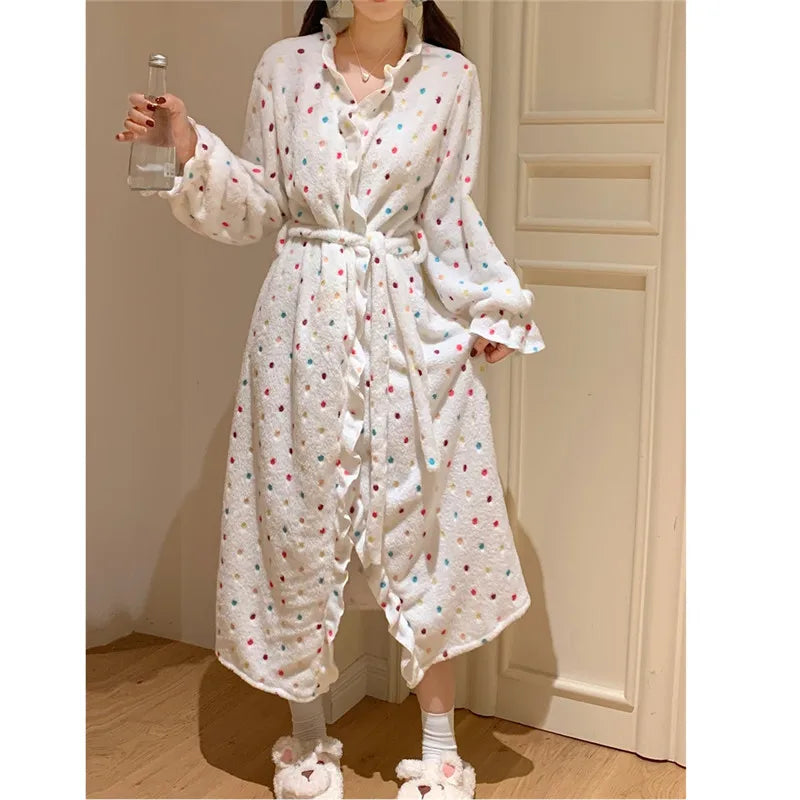TAVIMART  -  Soft Women Sleepwear Autumn Winter Coral Fleece Nightdress Colorful Polka Dot Cardigan Bathrobe Lace up Comfortable Pyjamas S452 Cashmere Blend Cotton Blend Poly Blend