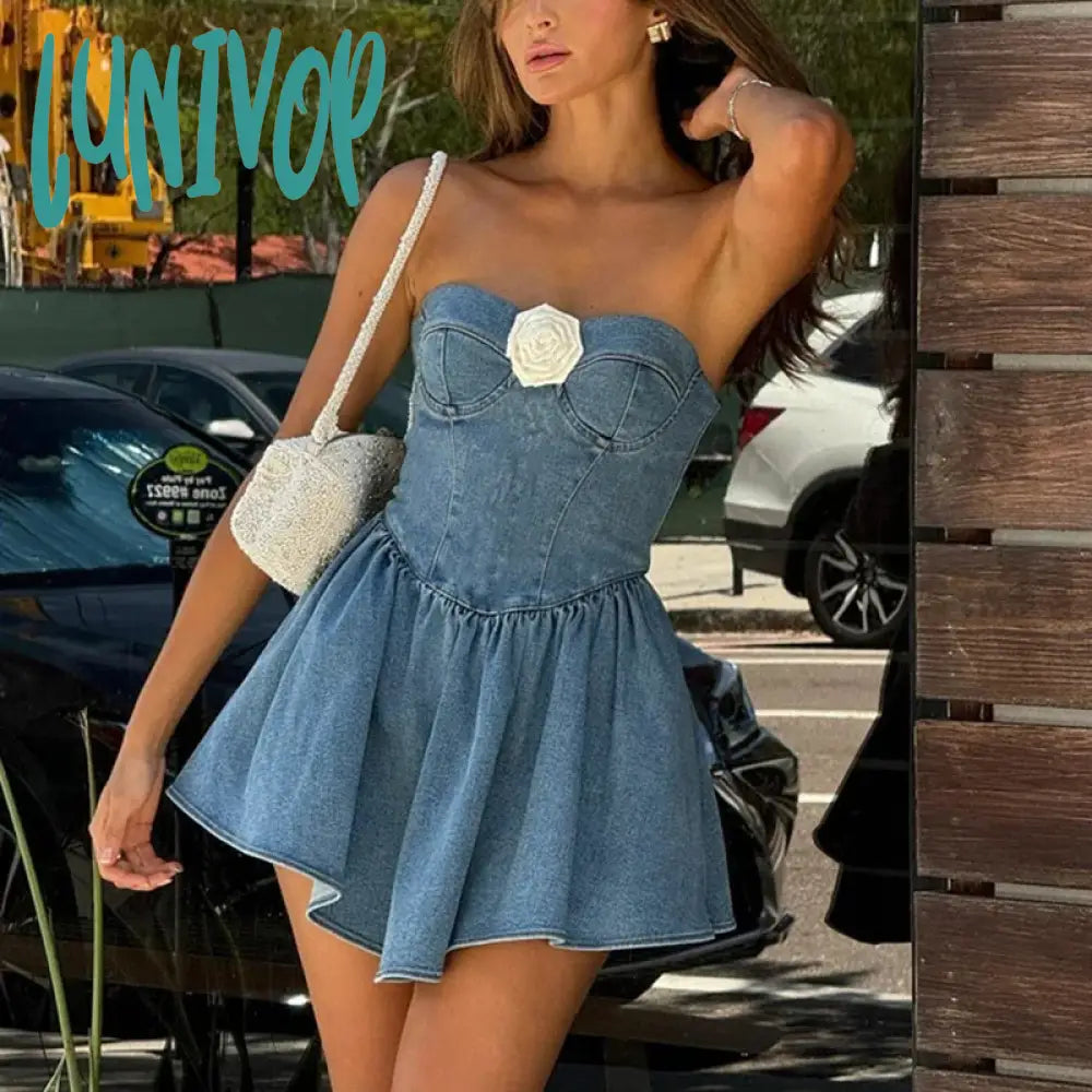 Lunivop Sexy Denim Strapless Dress For Women Floral Applique Folds Mini Dress Streetwear Sleeveless Club Party Dress Summer New Tunics Polka dots Lunivop Sexy Denim Strapless Dress For Women Floral Applique Folds Mini Dress Streetwear Sleeveless Club Party Dress Summer New Tunics Polka dots