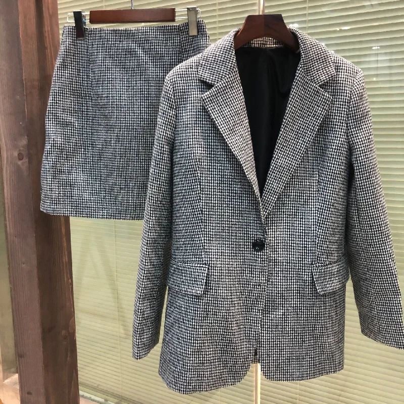 ZBZA Autumn casual and comfortable office white-collar simple style houndstooth slim suit + mini skirt cashmere skirt rich