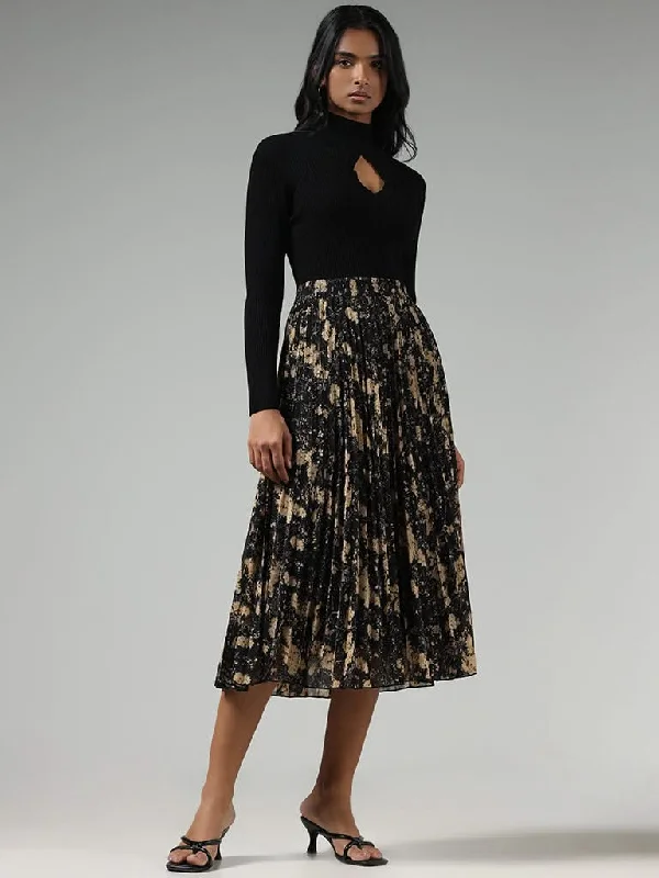 Wardrobe Black Floral Printed Pleated Midi Skirt leather skirt refined