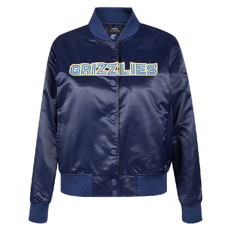 NBA MEMPHIS GRIZZLIES CLASSIC WOMEN'S SATIN JACKET (MIDNIGHT NAVY) Front Pockets Side Pockets Patch Pockets