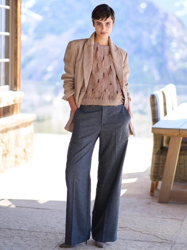 Wool Cashmere Flannel Wide Leg Pant Comfy Cargo Trousers