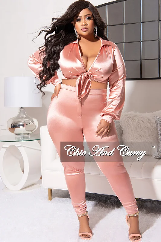 Final Sale Plus Size 2pc Shiny Satin Collared Crop Tie Top and Pants Set in Mauve Formal Linen Trousers