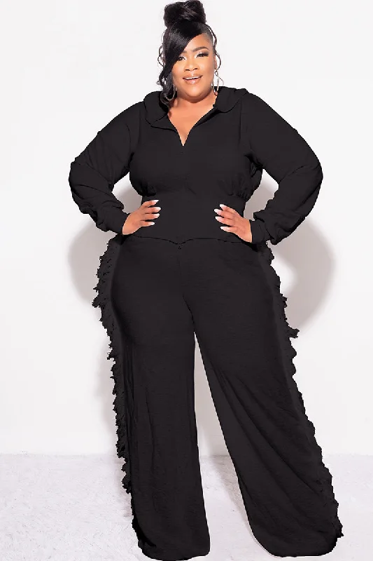 Final Sale Plus Size 2pc Hooded Tassel Pant Set in Black Soft Stretch Trousers