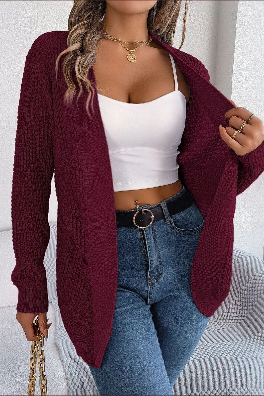 WOMEN CHUNKY WAFFLE KNIT OPEN FRONT CARDIGAN Tailored Straight A-Line