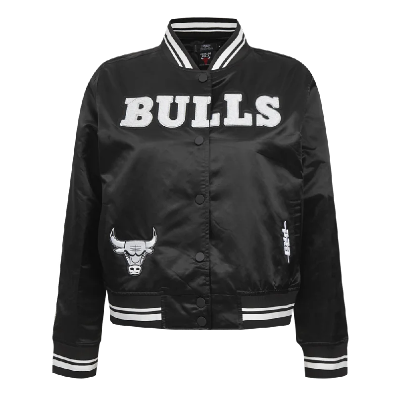NBA CHICAGO BULLS PEARLS WOMEN'S RIB SATIN JACKET (BLACK) Tailored Jacket Straight Jacket A-Line Jacket