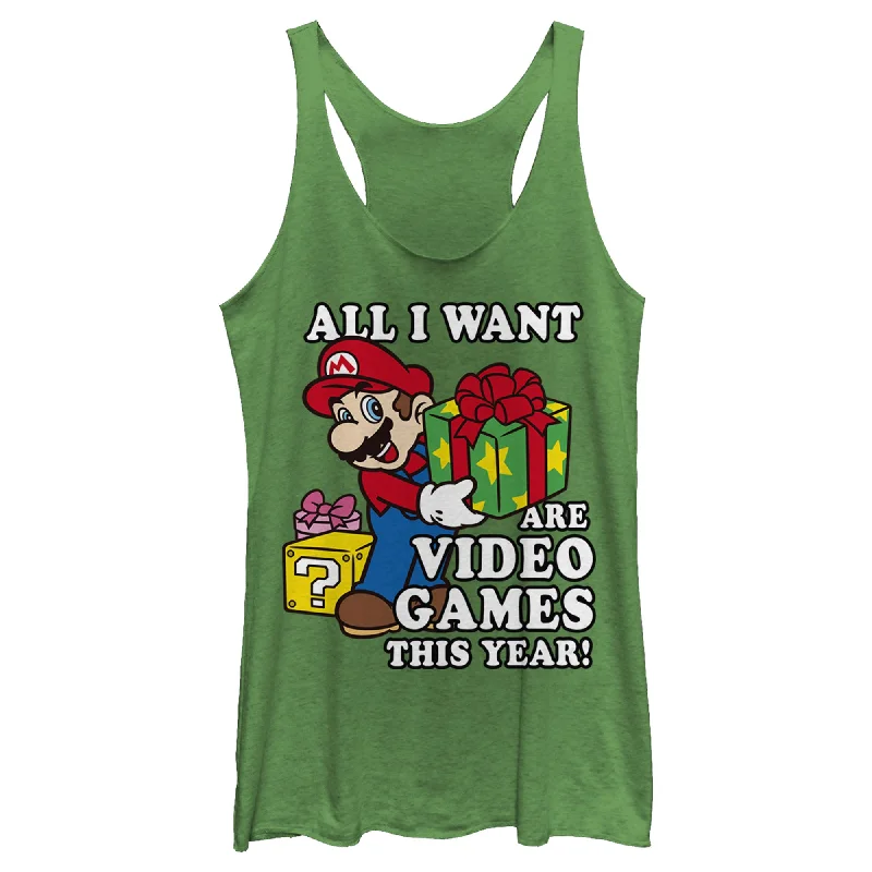 Women's Nintendo Christmas Mario All I Want Are Video Games Racerback Tank Top cotton tank top