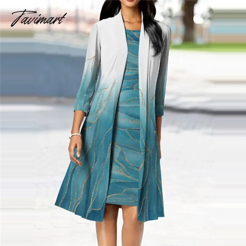Tavimart Women Elegant Cardigan Long Tops + O-Neck Pullover Dresses Suits Autumn New Harajuku Gradient Printed Jacket Dress Two Piece Set Boxy Cardigan Fitted Cardigan A-Line