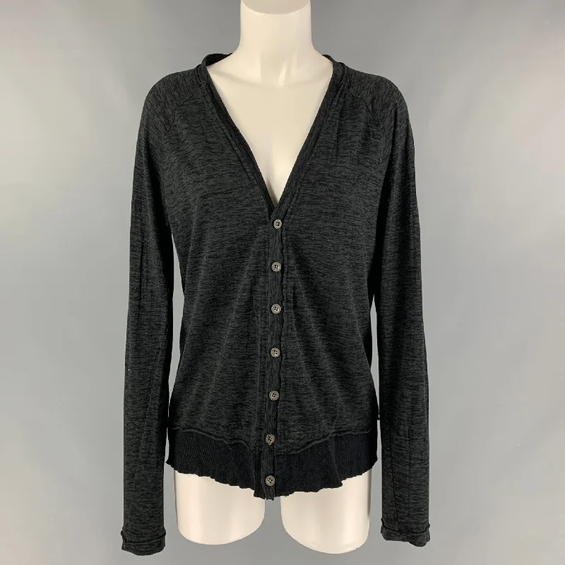THE VIRIDI-ANNE Size S Black and Charcoal Cotton Marbled V-Neck Cardigan Stylish Fashionable Trendy
