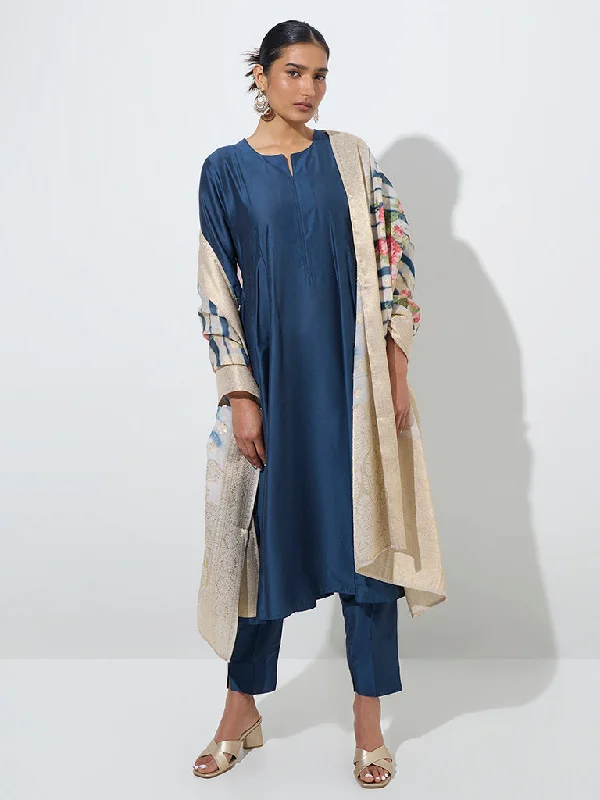 Vark Teal Fit-and-Flare Kurta, Pants and Floral Dupatta Set Cozy Full-Length Pants