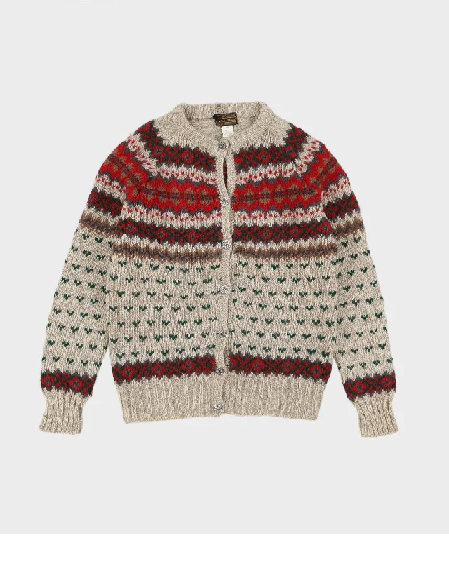 Eddie Bauer Beige Patterned Cardigan - M Handmade Hand-knitted Hand-woven